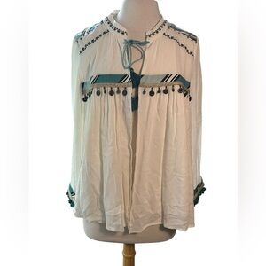 Chico’s Tassel Tie Jacket Womens Size 2 Large Beaded Embroidered Long Sleeves